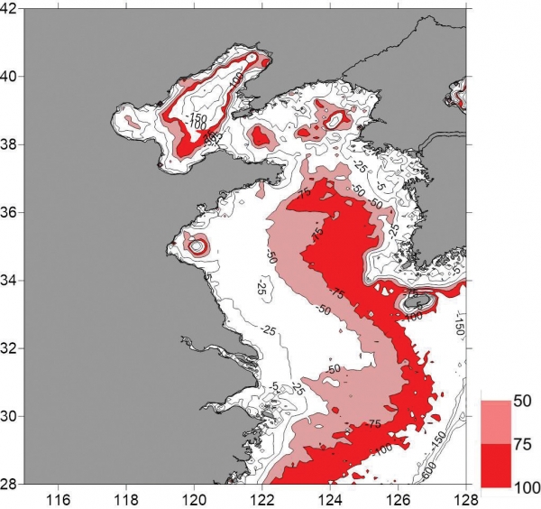 그림 1. 황해 지형도. 참조기가 주로 서식할 것으로 추정되는 깊이 50~100 m 해역은 빨강색으로 표시했다.