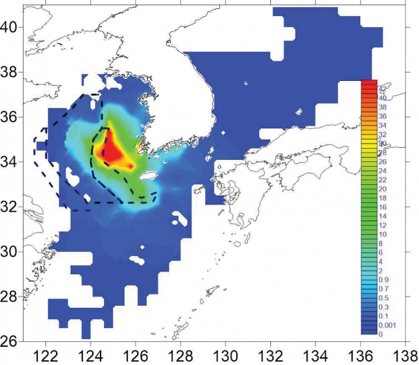 그림 4. 2019년 우리나라 어선어업 참조기 어획고. 빗금 친 해역은 한중 잠정조치수역(중간)과 과도수역 (양쪽).