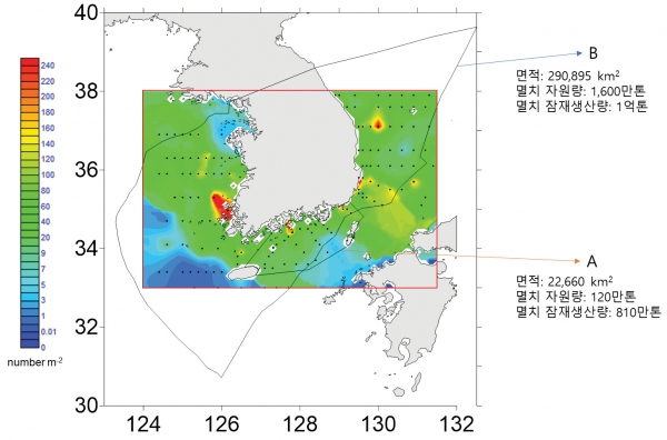 [그림 1] 1985, 1995, 2002년 멸치 알 평균 개수 분포(단위 평방미터당 알 개수)로 추정한 멸치 자원량과 연간 생산량. 검은 점 멸치 알 채집 정점, A 멸치 자원량과 생산량 추정 대상 해역, B 우리나라 배타적 경제수역.(출처 Jung et al. 2016, Ocean Science Journal.)