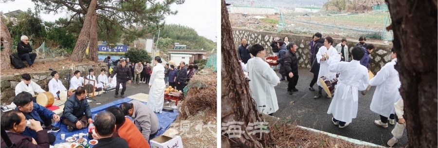 하당에서 들맞이당산굿이 연행되고 있는 모습(좌). 들맞이당산굿이 끝나고 주민들이 한바탕 놀이판을 펼친다(우).