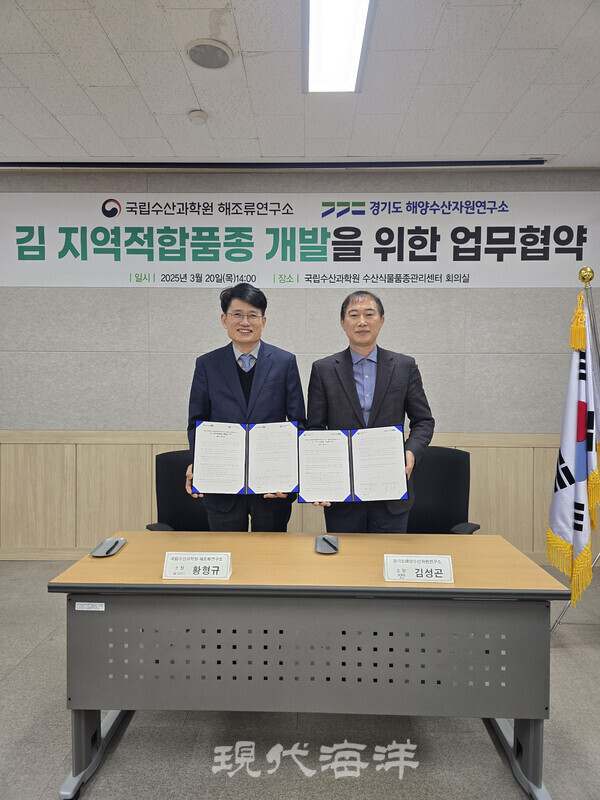 해양수산부 국립수산과학원은 김 국유품종을 활용한 지역 특화 품종 개발 및 브랜드화를 위해 경기도 해양수산자원연구소와 지난 20일 업무협약(MOU)을 체결했다고 밝혔다.