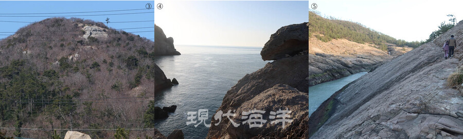 ③서거차마을 표지석 ④큰제작골 상마산 산신할머니가 가지고 놀았다는 콩돌바위 ⑤작은제작골 협곡