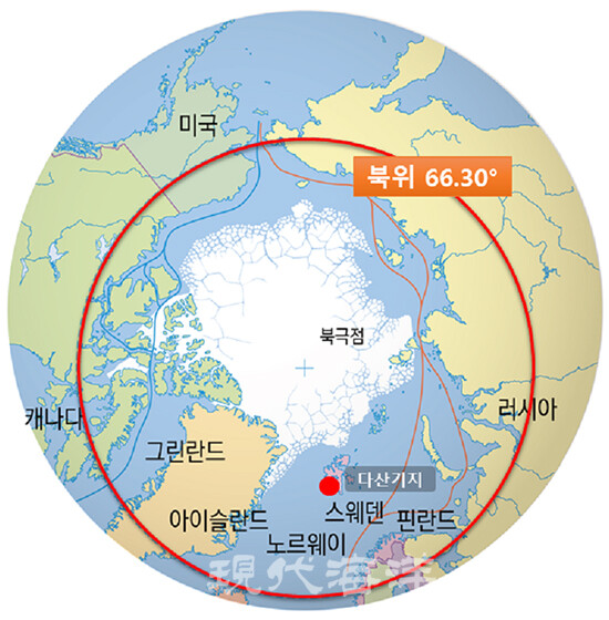 북극 지역의 지리적 특성과 다산기지가 표시된 지도