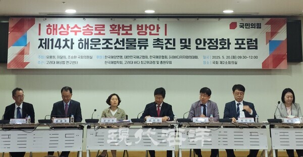 해운·조선·물류 촉진 및 안정화 포럼에서 발표자들이 '해상수송로 확보'를 주제로 발표하고 있다.