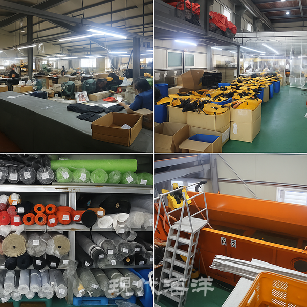 (주)시울프마린 부산 본사 제조공장, 구명조끼 원단, 구명조끼 성능 및 안전 테스트기기 모습