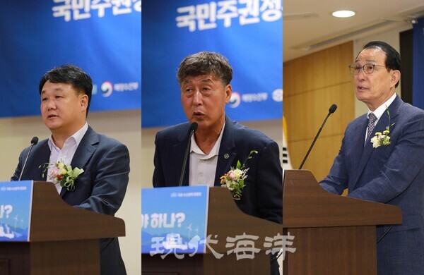 (왼쪽부터) 송영택 현대해양 발행인, 김태병 전국어민총연맹 수석부회장, 노동진 수협중앙회 회장