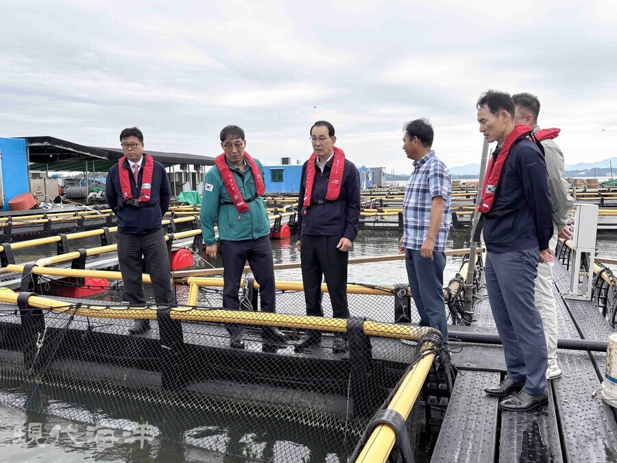 노동진 수협중앙회장(사진 왼쪽 세 번째)이 9일 하동군 양식장을 방문해 적조 피해 상황을 살펴보고 있다.